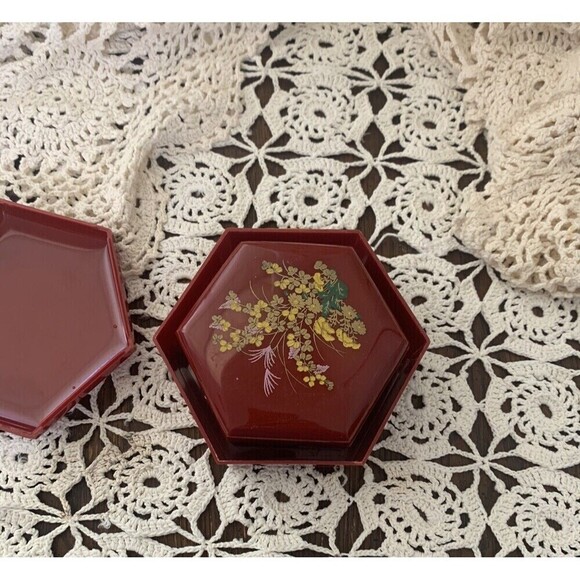 Vintage Hong Kong Red Hexagonal Nesting/Stacking Floral Plastic Trinket Boxes - Picture 4 of 7